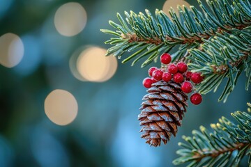 Poster - Close up shot of a pine cone on a tree branch