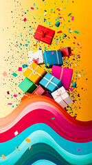 Poster - Resplendent gift boxes in various colors are scattered with confetti and ribbons, portraying a vibrant atmosphere for special occasions