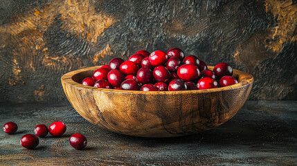 Poster - A wooden bowl filled with vibrant red cranberries sits on a textured dark background, highlighting the fruit\'s glossy surface and rich color