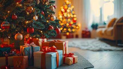 Poster - Cozy living room adorned with two Christmas trees and colorful presents, creating a festive atmosphere for the holiday season