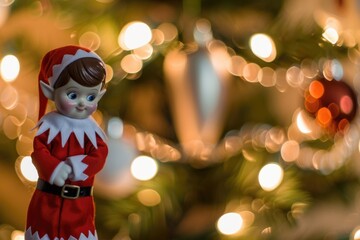 Poster - A small elf figurine stands in front of a decorated Christmas tree