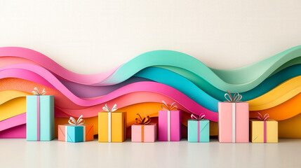 Poster - Brightly colored gift boxes are organized against a lively, wavy backdrop, creating a cheerful and festive atmosphere for celebrations