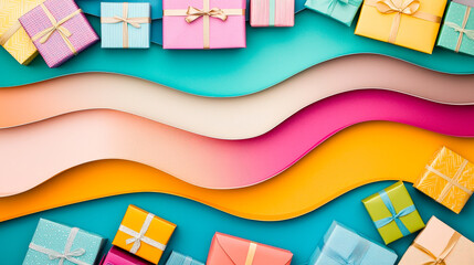 Poster - Brightly wrapped gifts are displayed on an eye-catching background, enhancing the joyful atmosphere of a special occasion