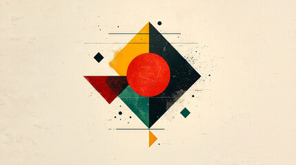 Fototapete - An abstract composition features a bold central red circle surrounded by various geometric shapes in yellow, black, and green, all against a soft beige backdrop