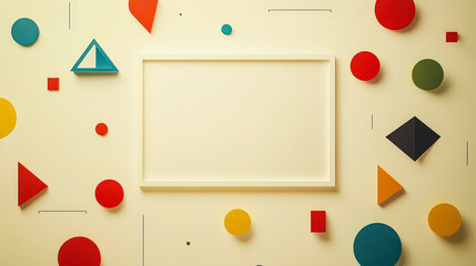 Fototapete - Brightly colored geometric shapes in various sizes decorate a beige wall, surrounding an empty white frame, inviting creative expression and artistic display