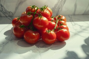 Poster - Fresh tomatoes arranged on a sleek marble countertop, perfect for kitchen or food styling