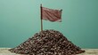© BlockBrushstrokes - A small flag on a wooden stick stands proudly amidst a large mound of glossy coffee beans, creating an intriguing focal point against a softly colored background.