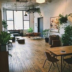 Wall Mural - Spacious loft with wooden floor, plants, and a table.