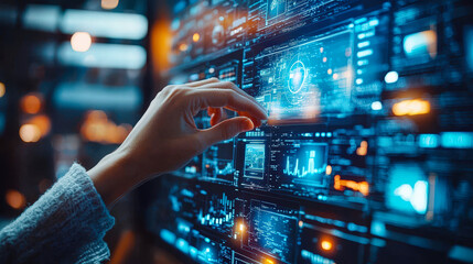 Poster - A hand reaches to engage with a vibrant digital display showcasing intricate data and visuals in a dark, technology-driven setting