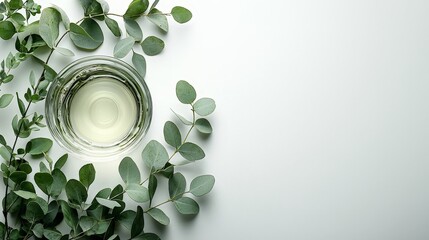 Wall Mural - A clear bowl of liquid surrounded by green leaves on a light background.