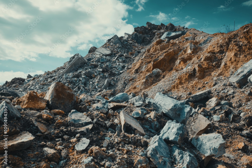 Rocky terrain with large boulders and gravel under cloudy sky ...