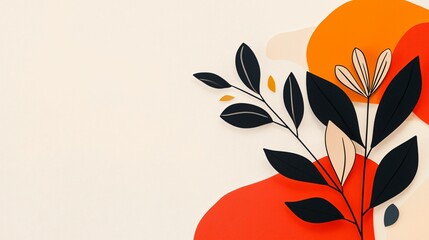 Poster - Minimal flower and color of the year. A vibrant composition featuring stylized leaves and flowers against a light background with abstract orange shapes.