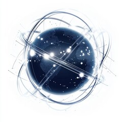Poster - Elegant digital representation of Earth surrounded by luminous rings and particles, symbolizing global connectivity.