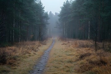 Wall Mural - Quiet forest path leads into a misty woodland