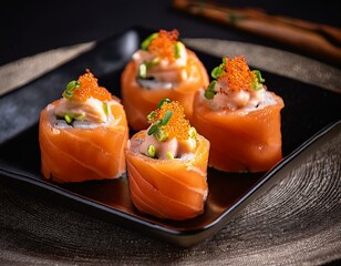 Wall Mural - Small gourmet salmon sushi rolls served on a black plate with toppings