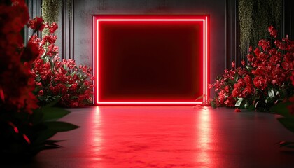 Wall Mural - A modern, illuminated space features a glowing red frame surrounded by lush flowers, creating a striking contrast and inviting ambiance.