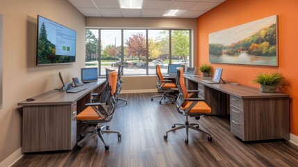 Poster - Modern Office Workspace With Computers And Large Window