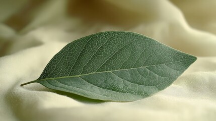 Wall Mural - A close-up of a green leaf resting on a soft, light-colored fabric.