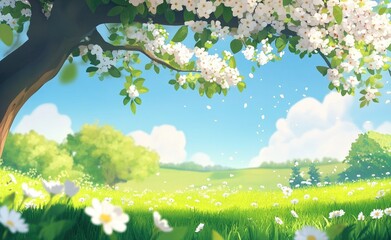 Wall Mural - Beautiful spring nature background with a blooming apple tree, green grass, and dandelions in a sunny park