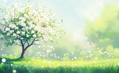 Wall Mural - Beautiful spring nature background with a blooming apple tree, green grass, and white dandelions on a sunny day.