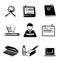 Poster - a grid of monochrome icons representing various office and business activities.