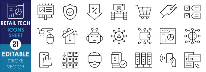 Poster - a set of line icons related to retail tech. point of sale, contactless payment, smart shelves, mobil