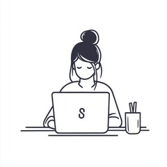 Poster - A young woman with a bun hairstyle focused on her laptop, surrounded by minimalistic office supplies.