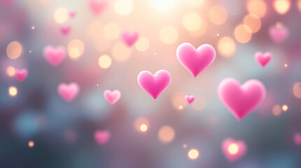 Wall Mural - Floating Pink Hearts on a Bokeh Background: Romantic and Dreamy Atmosphere in Soft Pastel Hues