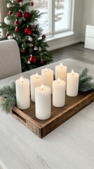 Canvas Print - Elegant display of white wax candles on an oak table in morning sunlight creating a tranquil atmosphere for relaxation