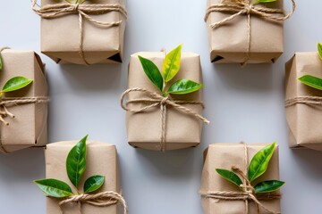 Wall Mural - Eco-friendly wrapped gifts adorned with green leaves, neatly arranged on a light surface, showcasing sustainable packaging and a natural aesthetic.