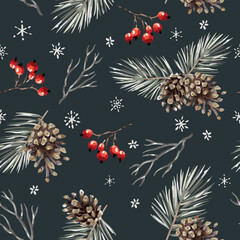 Wall Mural - christmas seamless pattern, pine twigs, cones, red berries, snowflakes, black night background. vect
