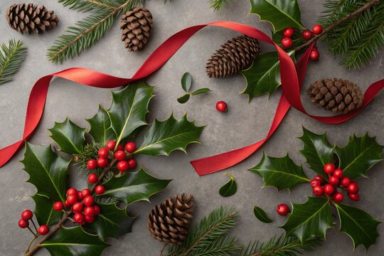 christmas wreath with ribbon Merry Christmas and Happy New Year Background
