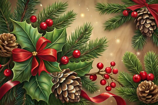 christmas background with cones and branches Merry Christmas and Happy New Year Background
