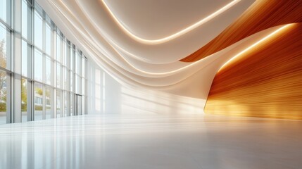 Wall Mural - The futuristic interior space features curving walls and large windows, filled with ambient light. The design is both elegant and avant-garde, emphasizing openness.