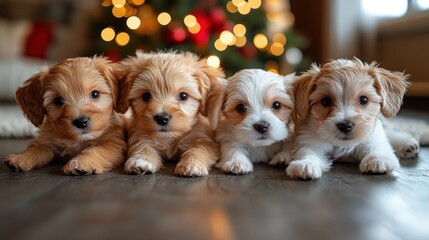 Wall Mural - Here's a description and keywords for the image.. Three adorable fluffy puppies pose together in front of a blurred Christmas tree background.