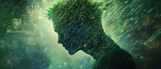 Poster - Ethereal Portrait of a Contemplative Figure Surrounded by a Dreamlike Rain of Colorful Particles Illustrating Emotion and Introspection in a Surreal Environment
