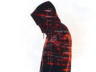 Fototapete - Mysterious figure in hoodie with digital code overlay, representing themes of anonymity, technology, and the modern digital age, evokes intrigue and suspense for various projects