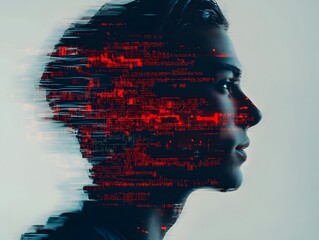 Poster - Artistic representation of a human profile with a digital glitch effect showcasing a blend of technology and humanity in a modern, abstract manner