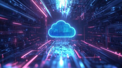 Aufkleber - A glowing blue cloud icon is positioned amidst a backdrop of vibrant neon lights and intricate digital patterns.
