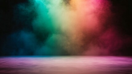 Poster - Vibrant circus stage concept. A vibrant, colorful mist fills the background, creating an ethereal atmosphere with soft hues of blue, green, pink, and orange.