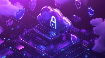 Poster - A 3D rendering of a cloud with a padlock on it is displayed in the center of the image. The cloud is made of glass and appears to be floating above a complex circuit board.