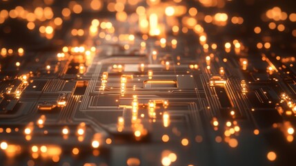 Poster - The circuit board shimmers with orange lights creating an abstract and vibrant atmosphere. Lines and patterns intertwine, showcasing advanced technology and innovation in an artistic display.