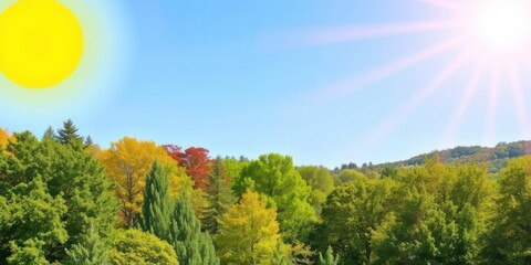a vibrant and colorful sunny background with clear blue skies, lush green trees, and bright yellow s