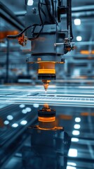 Poster - Precision Laser Cutting Machine in Action with Reflective Surface and Modern Industrial Backdrop Capturing Advanced Manufacturing Technology