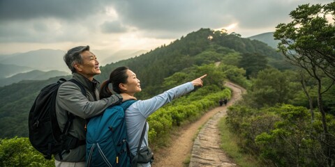 Wall Mural - senior couple with backpacks pointing and admiring mountain landscape while hiking on a trail in a n