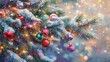 © harjiyo - Snow-dusted Christmas tree branch adorned with colorful ornaments and twinkling lights.