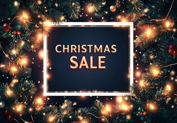 Wall Mural - Christmas sale banner with a glowing garland frame and the text 