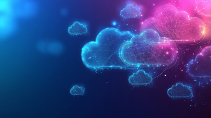 Aufkleber - A vibrant display of digital clouds floats across a gradient background of blue and purple hues, illuminated with sparkling highlights, creating a whimsical and dreamy atmosphere at night.