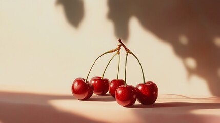 Wall Mural - Red Cherries Resting On A Peach Surface In Sunlight