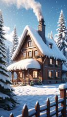 Wall Mural - Cozy chalet with snowy pine trees surrounding it